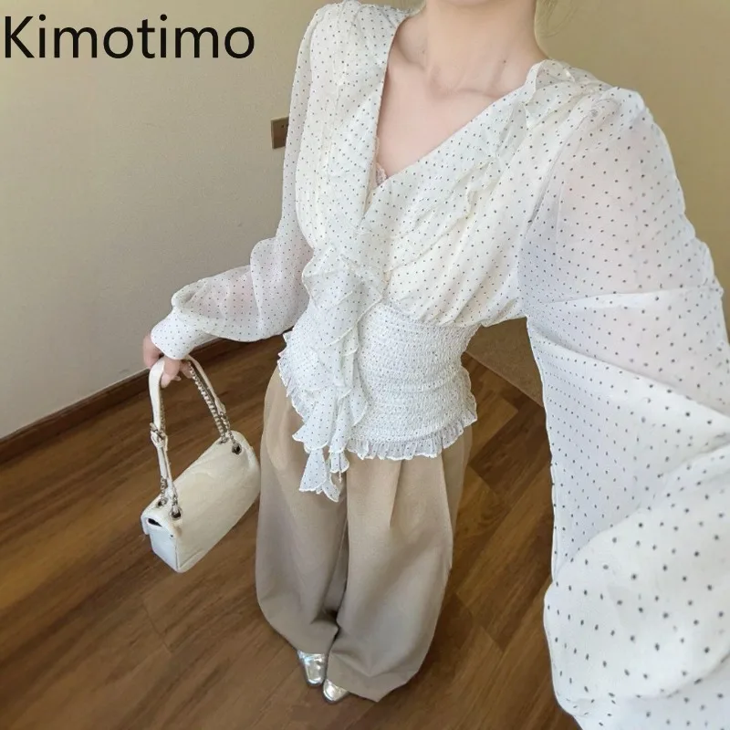 Kimotimo Polka Dot Chiffon Blouse Women 2026 Autumn Ruffled V Neck Slim Folds Waist Crop Top Fairy Sweet Y2k Long Sleeve Blouses