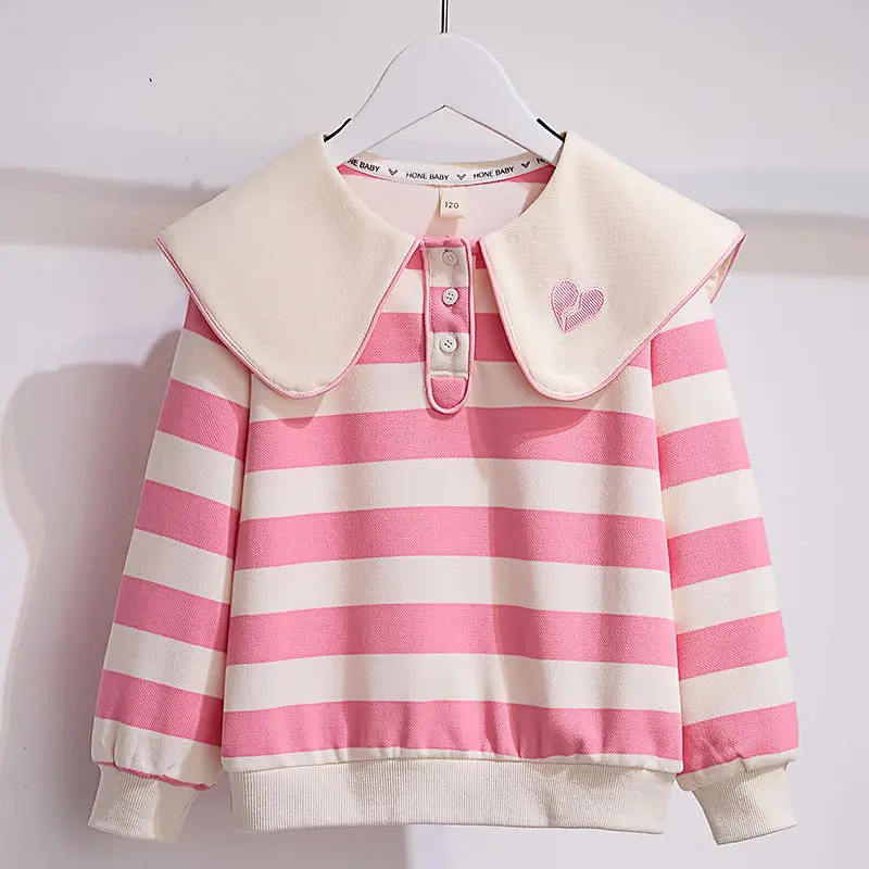 2023 Autumn and Winter Girls Pullover Doll Neck Patchwork Button Striped Loose Bottom Fashion Casual Elegant Long Sleeve Tops