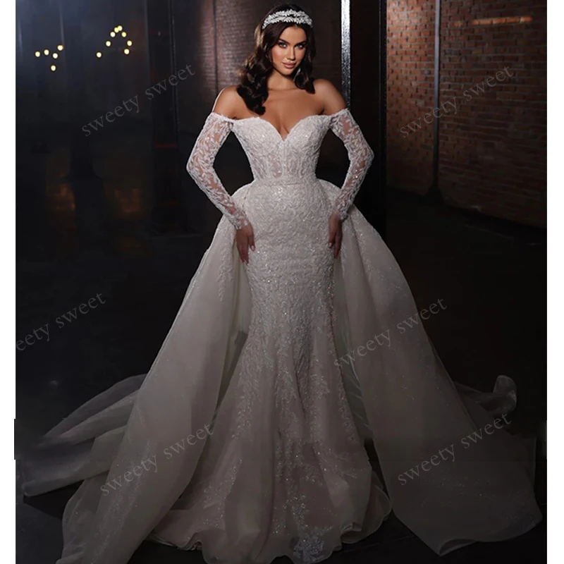 

Glitter Detachable Train Wedding Dress Beading Embroidered Lace On Net With Mermaid Ball Gown V-Neck Full Sleeve Customized ﻿
