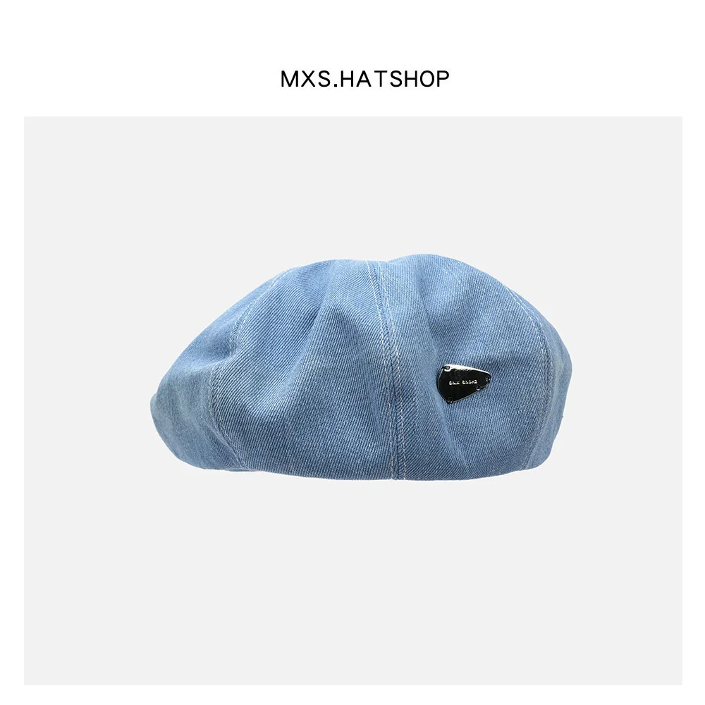 Casual Korean Style Denim Beret Hat Women's Artistic Leisure Versatile Blue Painter Cap Retro Metal Logo Design Streetwear