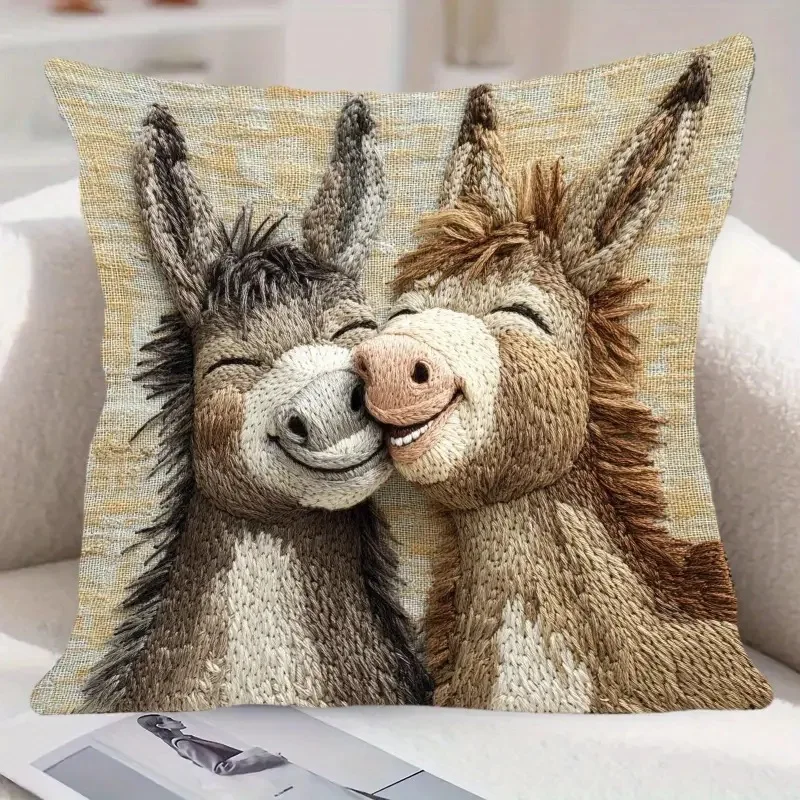 Retro Cartoon Cute Donkey Cushion Cover Soft-to-the-touch Short Pile Plush Sofa Decorative Cushion Cover 45x45cm、