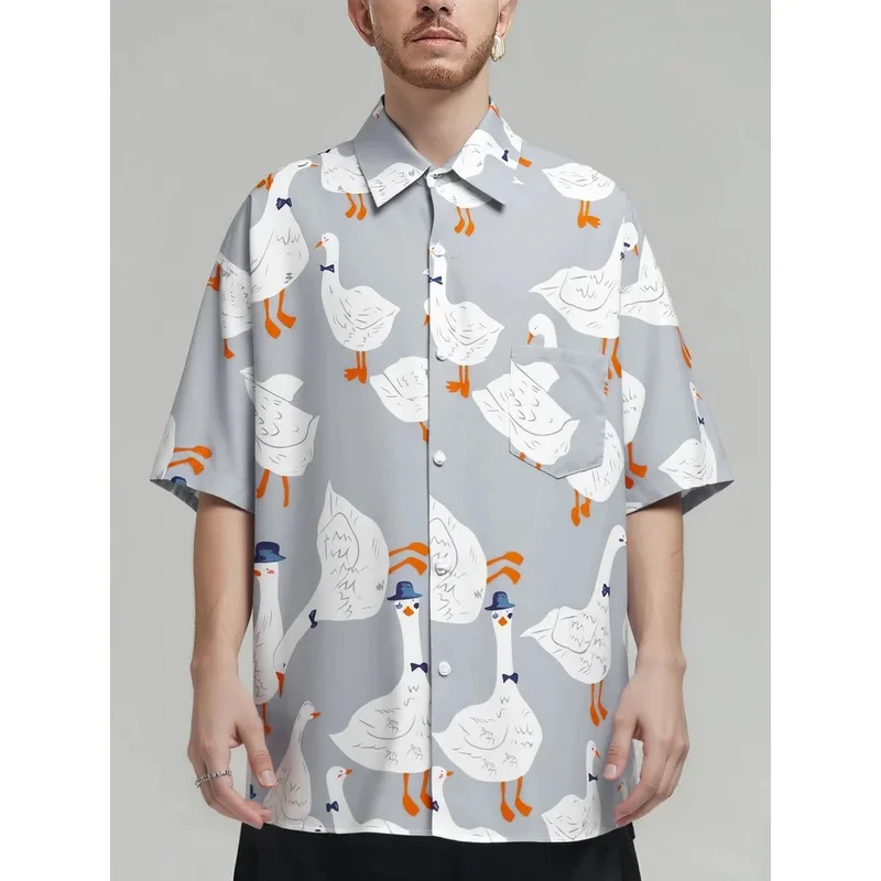 

Oversized Loose Short Sleeve Shirt Men Orange Cartoon Goose Print Hiphop Casual Shirts for Summer Beach Hawaiian Clothing