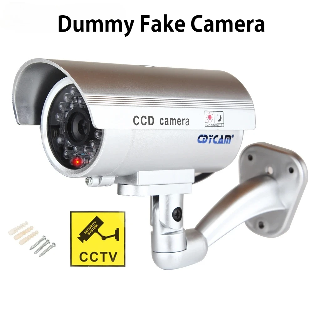

Smart Dummy Security Camera Watreproof Indoor Outdoor Fake CCTV Surveillance System, Red Flashing LED Lights,Silver Fake Monitor