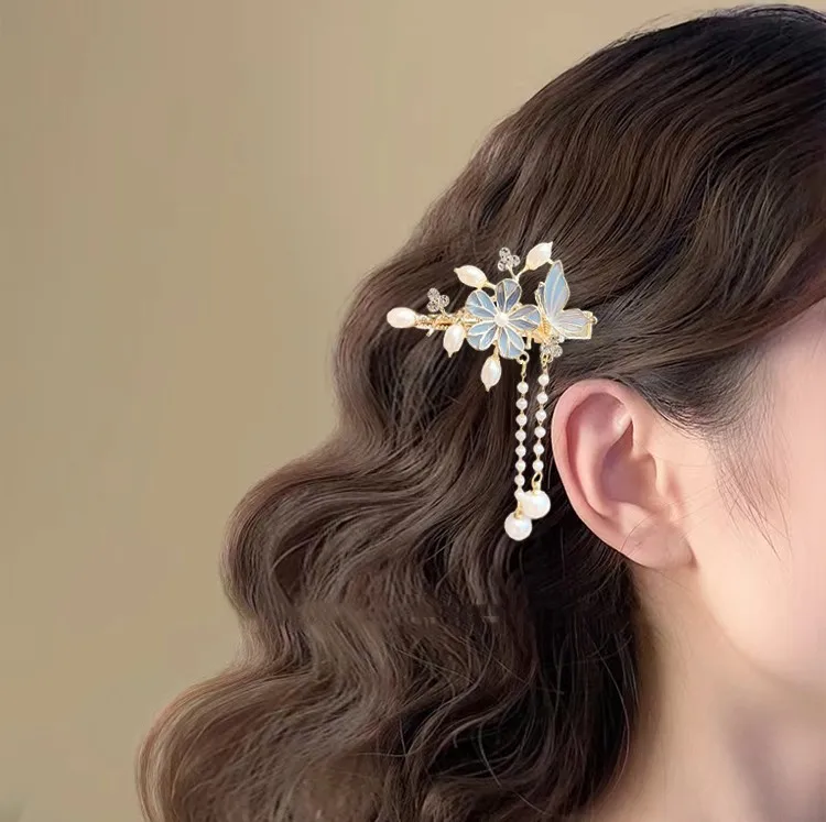Gufengshan camellia painted tassel hair clip retro exquisite flower pearl side clip Hanfu qipao hairpin headband - Image 3