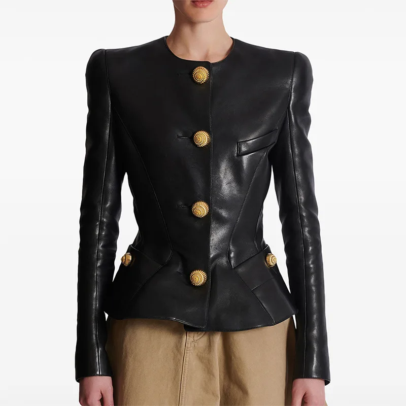

2025 Women Leather Jacket New European American Star Fashion Temperament Jacket Single Row Snail Metal Button Slim Leather Coat