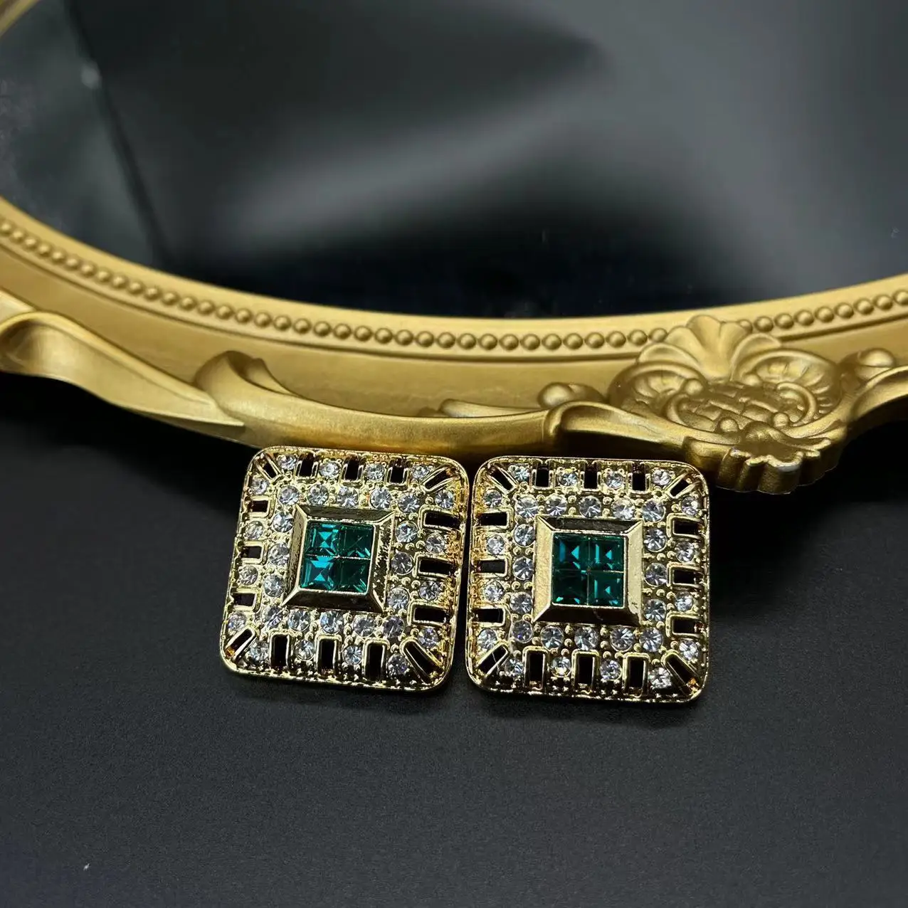 Retro Vintage Square Middle-aged Earrings Inlaid with Zircon Copper Gold-plated Versatile Temperament Earrings