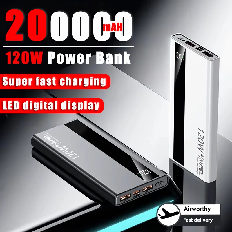 

Power Bank со сверхбыстрой зарядкой мощностью 120 Вт 200000 Портативный внешний аккумулятор сверхбольшой емкости мАч со светодиодным цифровым дисплеем для Samsung Xiaomi