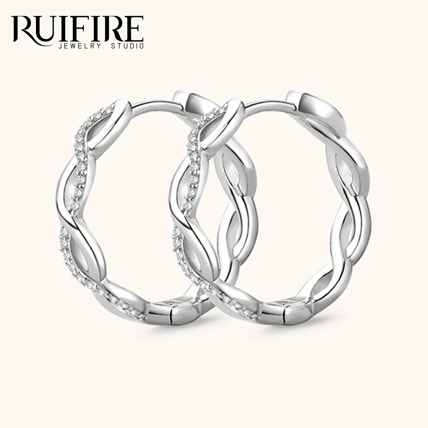 

RUIFIRE Classic Moissanite Earrings White Gold Plated 925 Sterling Silver Twisted Dough Hoop Earring Elegant Engagement Wedding