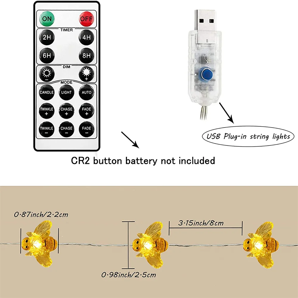 8 Modes 40LED Bee String Lights USB/Battery Powered with Remote Control Waterproof Garland Lamp for Party Decor Fence Patio