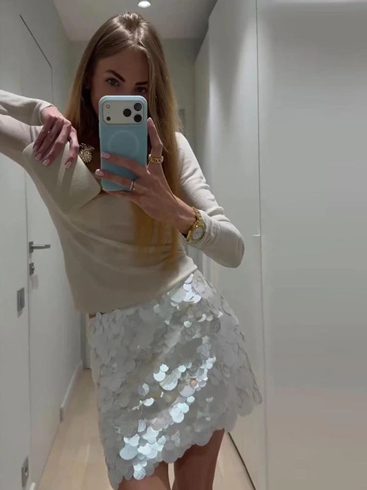 

Fashion Sequined Mini Skirt for Women Chic Y2K Solid Female Hip Package Short Skirts 2026 Summer Party Club Beach Shiny Skirts