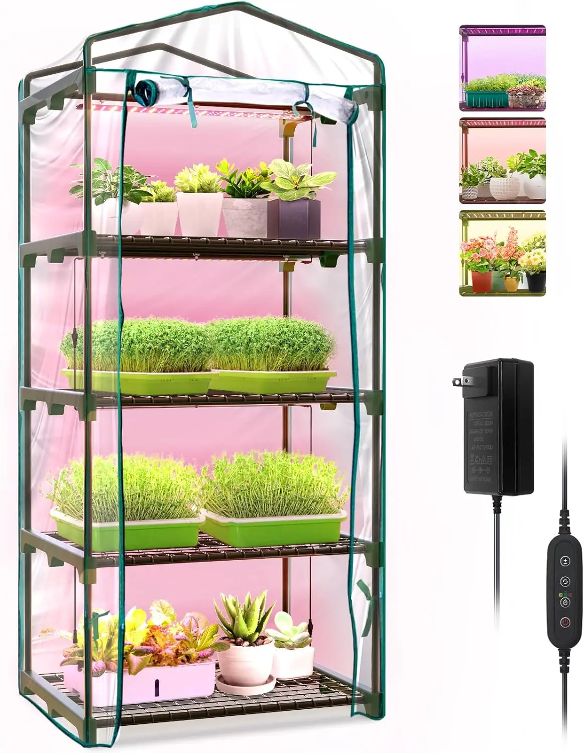 

4-Tier Indoor Greenhouse with Dimmable LED Grow Lights, Timer & Zippered PVC Cover for Seed Starting