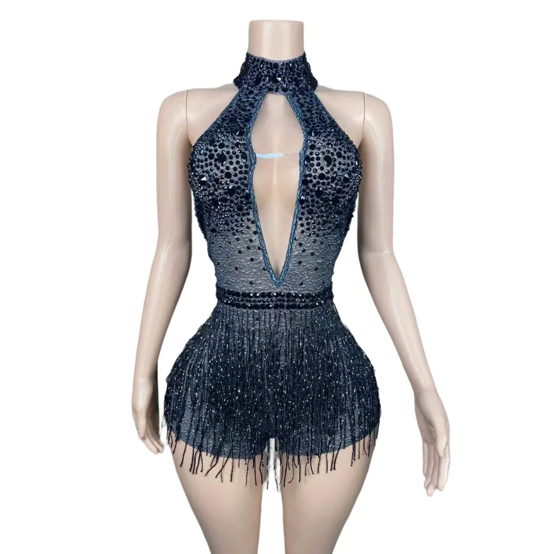 

Backless Evening Birthday Fringes Rhinestone Black Sparkly Romper For Women Dance Costume Sheer Sexy Singer Stage Wear