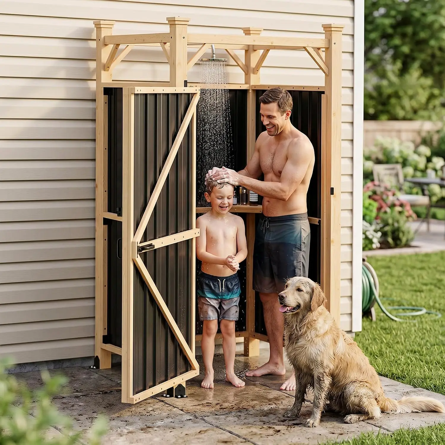 Outdoor Shower Enclosure with Lockable Door, Weatherproof Shower Stall with Metal Panels, Hooks & Storage Rack