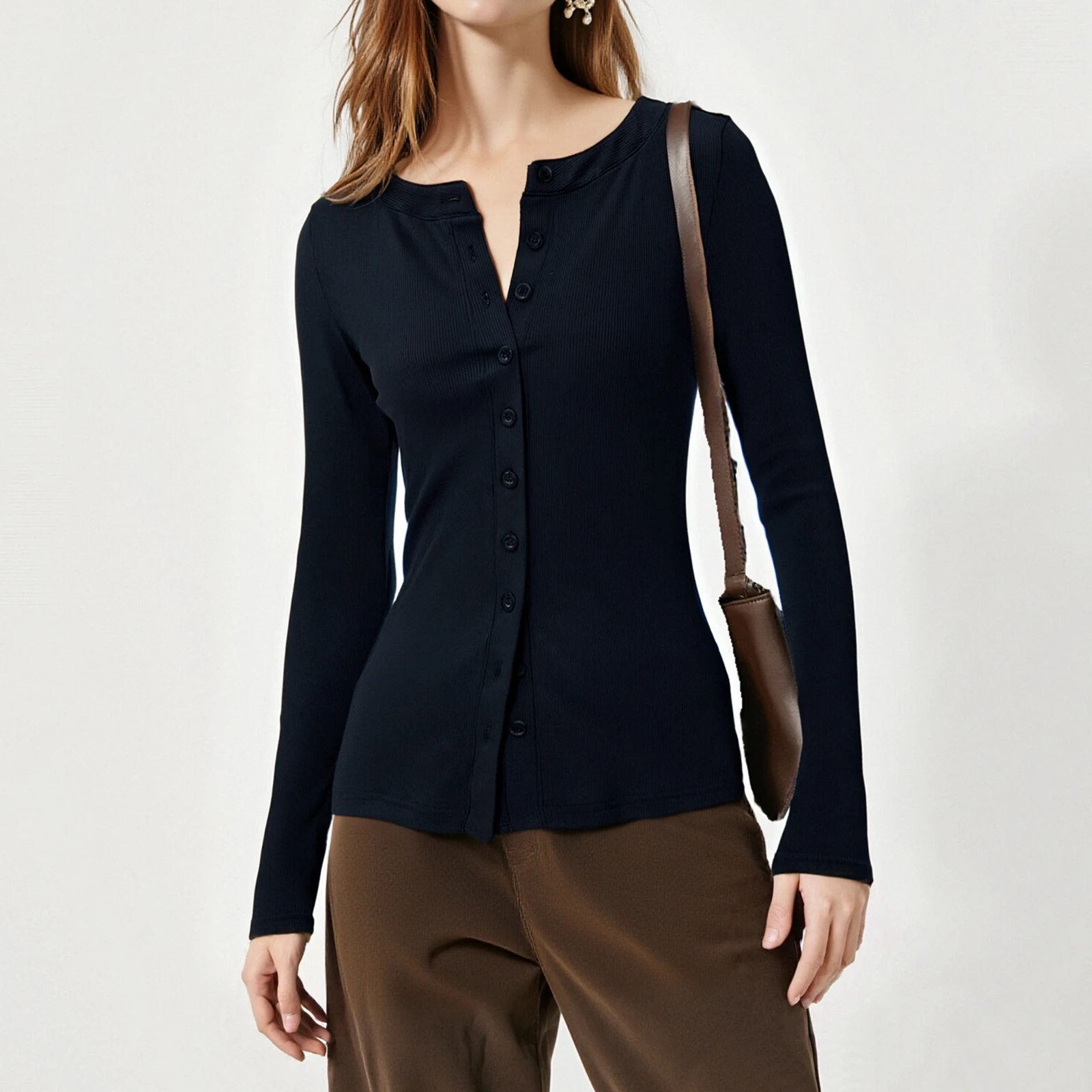 Women Basic Bodycon Cardigan Slim Fit Solid Color Crew Neck Long Sleeve Button-up Tops Casual Fall Clothes