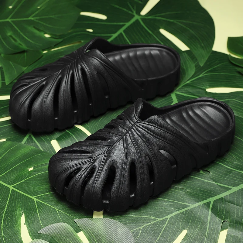 Chinelos Monstera Deliciosa para homens e mulheres, sandálias ocas, sapatos de jardim de verão, sapatos de praia sem deslizamento PU Hole, monocromáticos