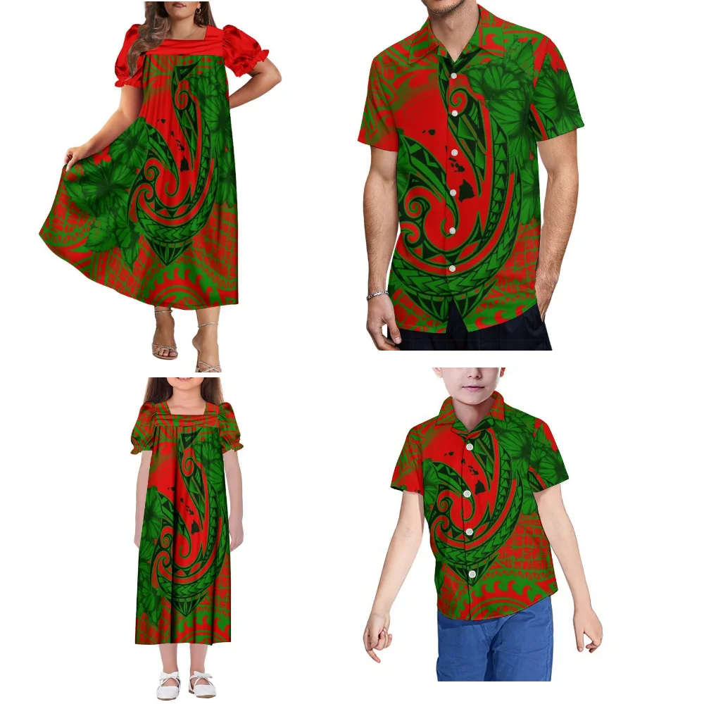 Micronesia Island Pacific Island Familienparty-Set, Weihnachtsfeier, Mumu, Damenkleid mit Puffärmeln, Herrenhemd, rotes Blumen-Set