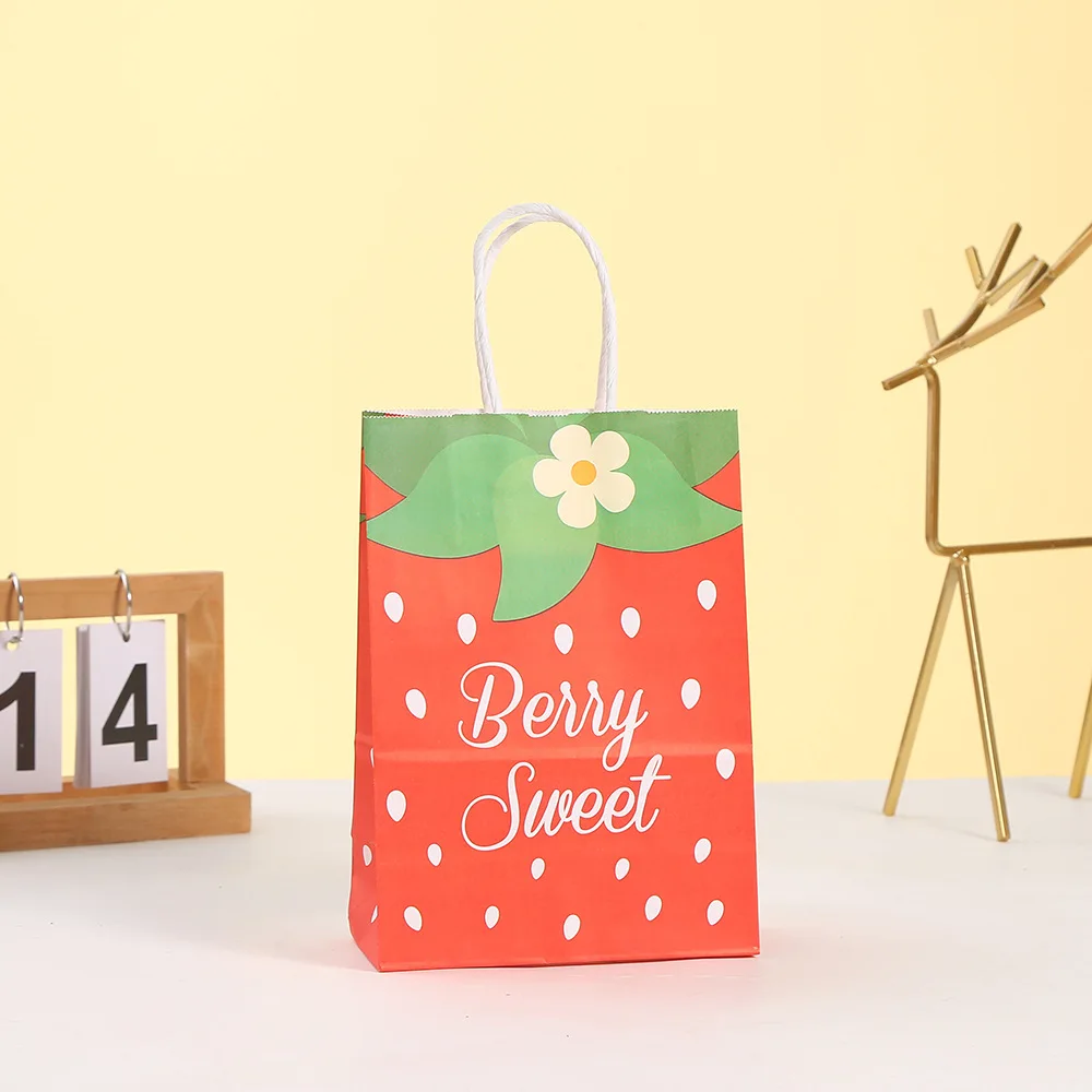 6pcs Sweet Strawberry Theme Paper Gift Packing Bags Cookie Candy Bag for Kids Girl Birthday Baby Shower Party Decoration