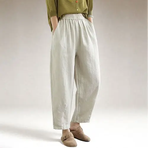 Imagen 2 del producto Pantalones de pierna ancha de algodón para mujer, pantalones bombachos holgados de talla grande de Color sólido, pantalones informales hasta el tobillo con cintura elástica, ropa para mujer