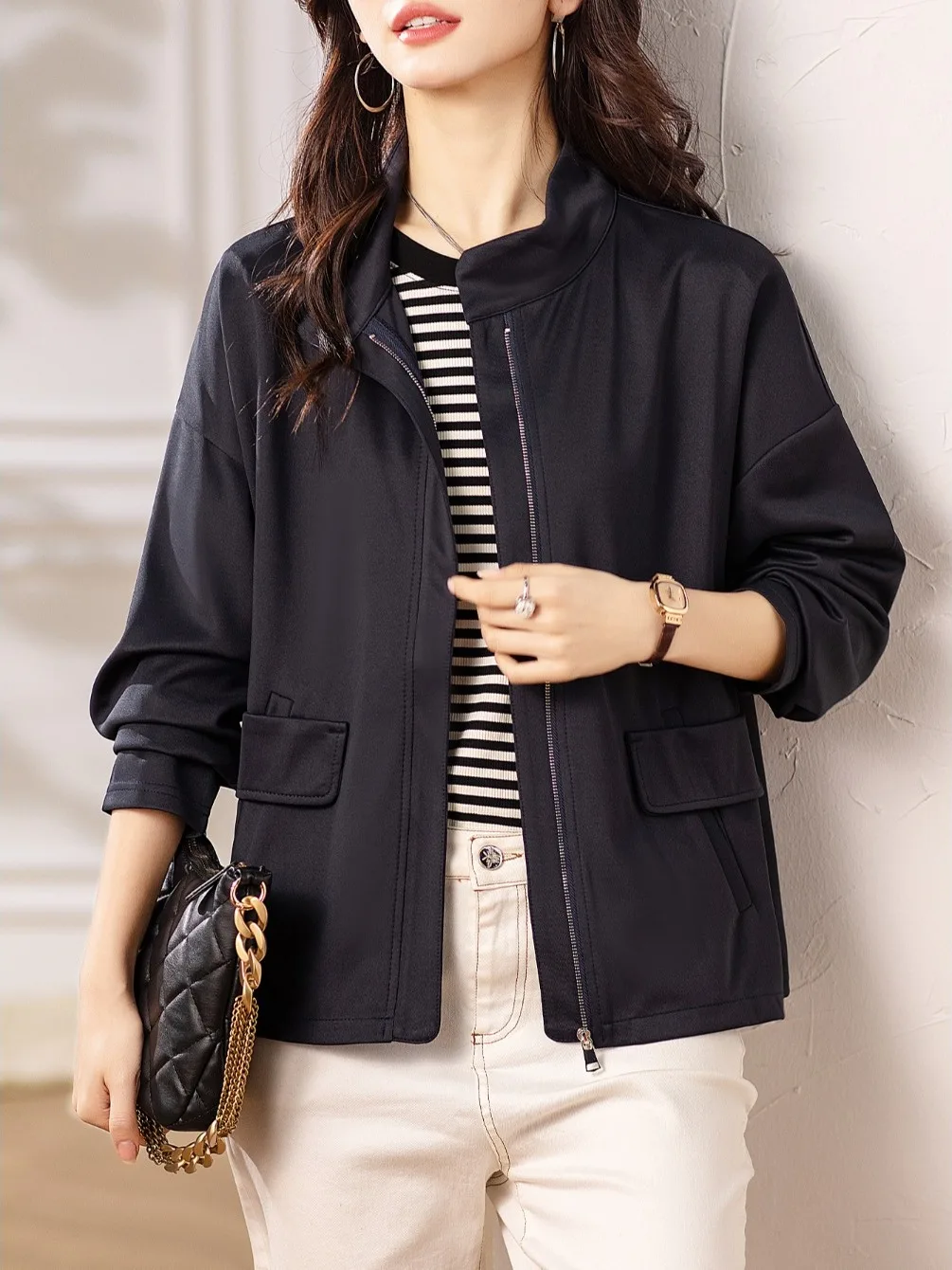 

Spring Autumn ort Loose Baseball Jaet Women's Stand Collar Outerwear Ele Sle Zipper Cardigan Slimming Effect