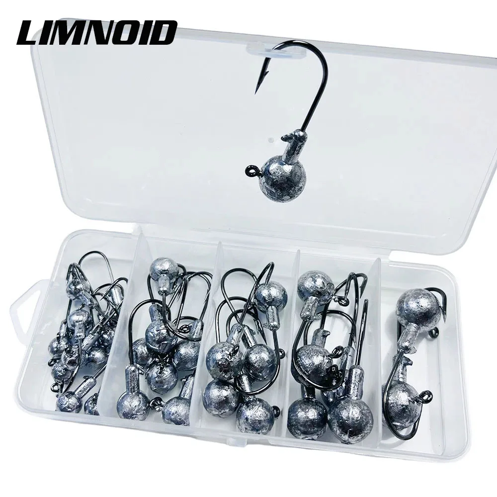 Limnoid Jig Head Hooks Kit, 30 Stück, scharfe Haken aus Kohlenstoffstahl mit Bleikugelkopf für das Angeln mit weichen Ködern im Salzwasser und Süßwasser