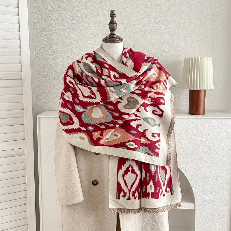 Vintage Ethnic Style Imitation Cashmere Scarf Retro Jacquard Warm Shawl Multifunctional Air Condition Blanket Wrap For Women