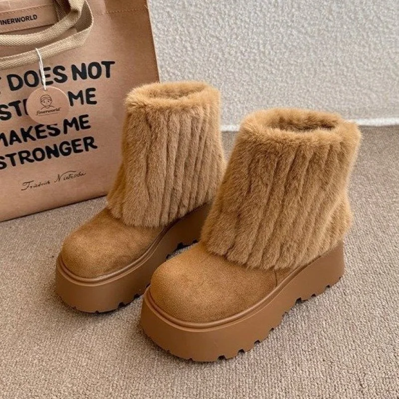 

Women's Winter Retro Thick Sole Plush Snow Boots - Suede Round Toe Warm Ankle Boots, Comfortable Versatile Cotton Boots