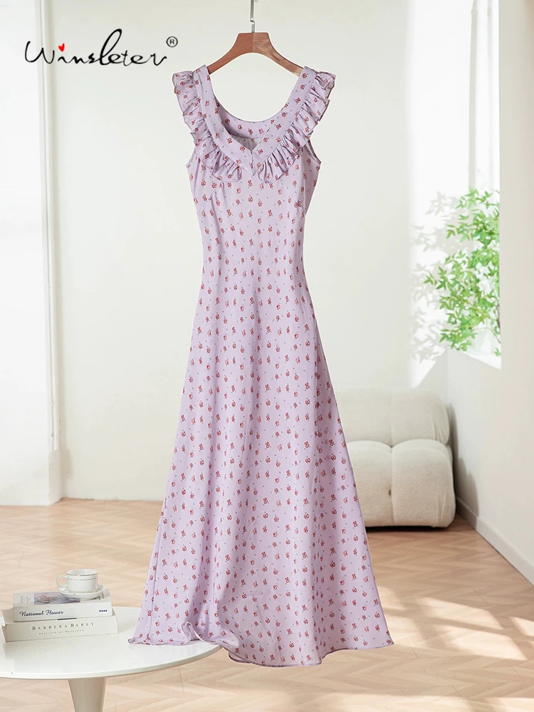 

Winsleter-Women 100%Real Silk Elegant Dress, Sleeveless V Neck Print, French Retro Ruffles Long Dresses, 2025 Summer D56445CC