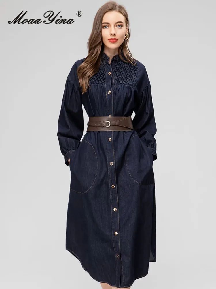 

MoaaYina Winter Fashion Runway Dark Blue Vintage Denim Trench Coat Women Stand Collar Button Sashes Pocket Slim Long Trench Coat