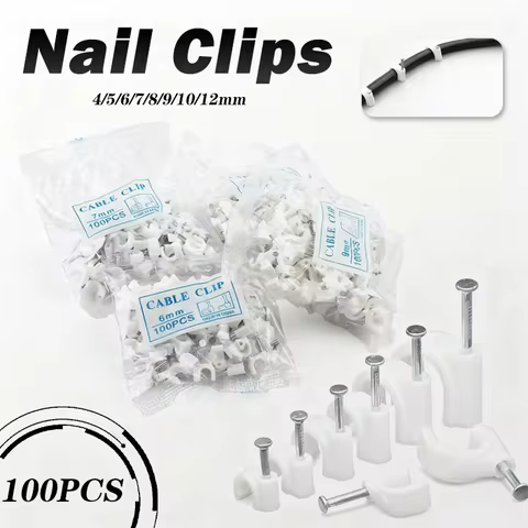 100Pcs 4/5/6/7/8/9/10/12mm R-Type Wire Cable Clamp Circle Nail Clip Electrical Wire Fitting Wall Hanging White Fixed Steel Nail