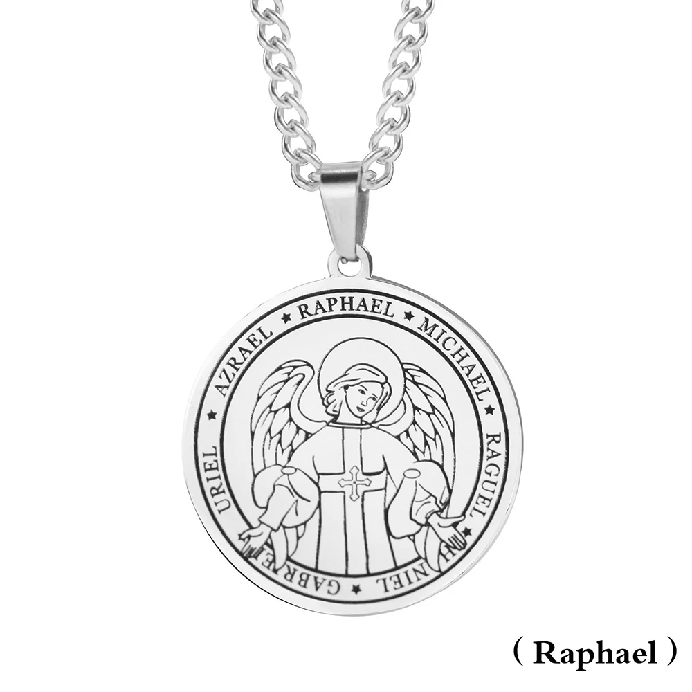 Cottvott Religious Azrael Gabriel Raphael Uriel Michael Archangel Angel Wing Medal Stainless Steel Pendant Necklace Jewelry
