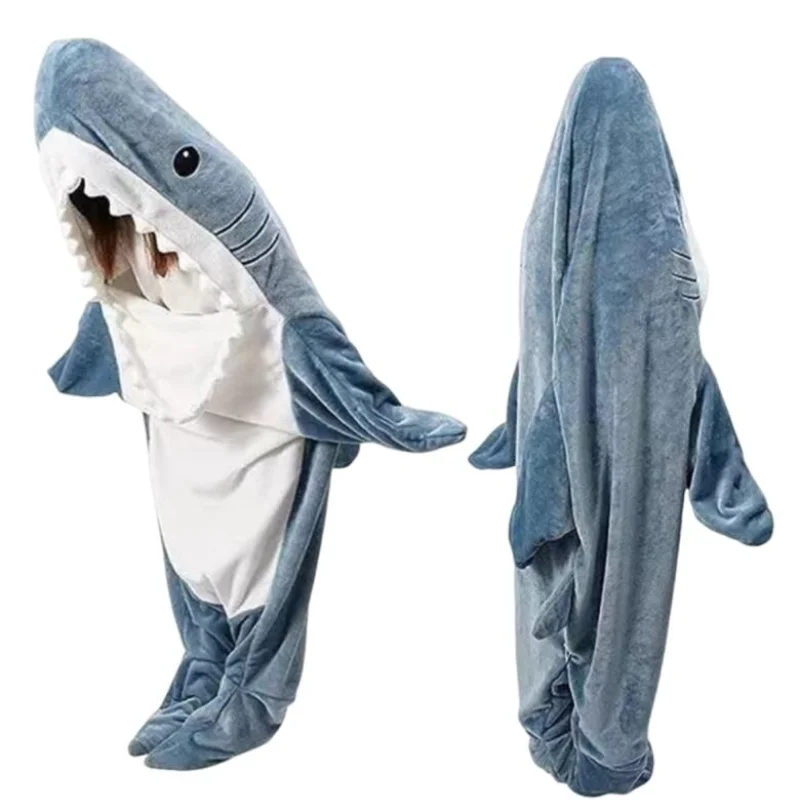 Cute Shark Plush Sleeping Bag Adult Warm Cartoon Shark Onesie Flannel Pajamas Cosplay Costume Funny Unisex Home Wear For Sleep