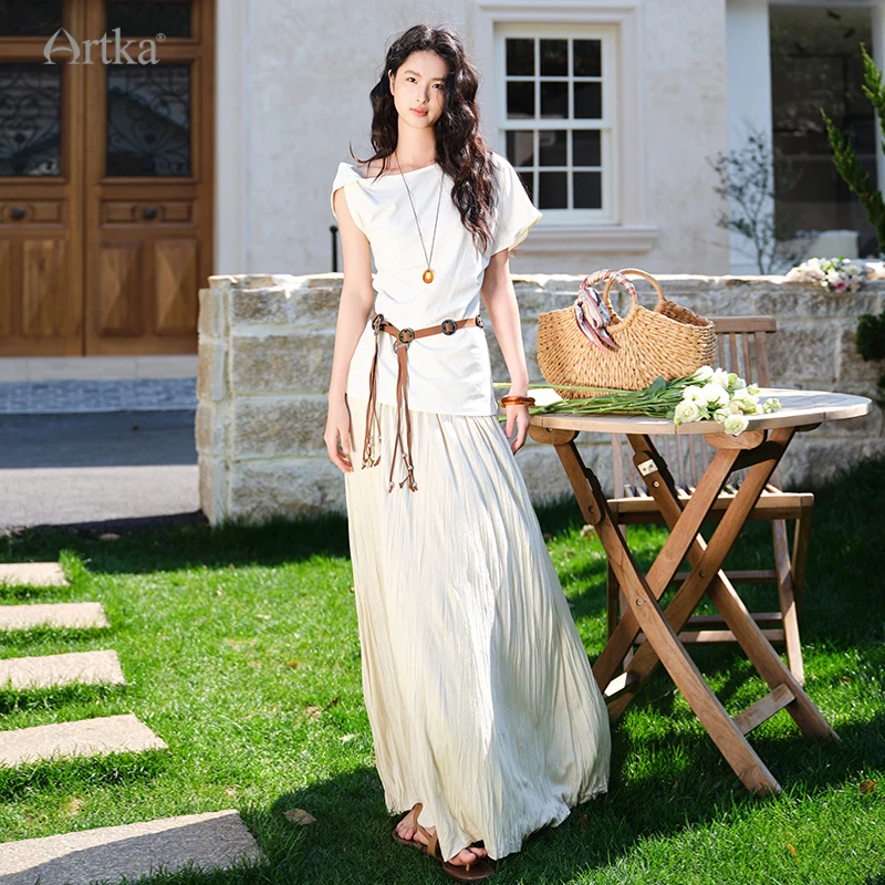 

ARTKA 2025 Summer New Women Set Vacation Style White Off-shoulder Top Elastic High Waist Beige Drape Long Skirt Suit