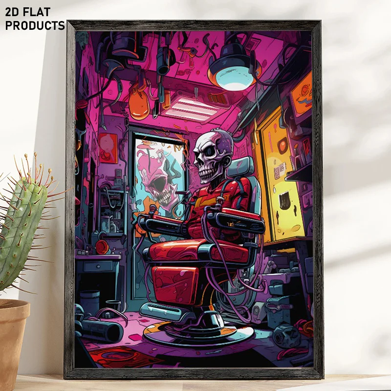 2D Flat, 2D Flat, 1pc, Multi-Size Frameless Canvas Painting, Skull Mural for Barbershops, Skull Poster, Gifts for Barbers, Ar