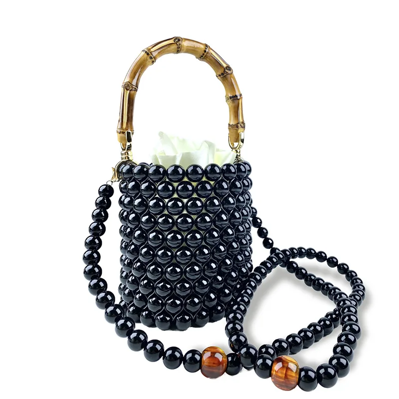 2024 New Mini Hand Beading Acrylic Pearl Handabg Fashion Bamboo Handle Women's Cylindrical Shape Drawstring Evening Clutches Bag