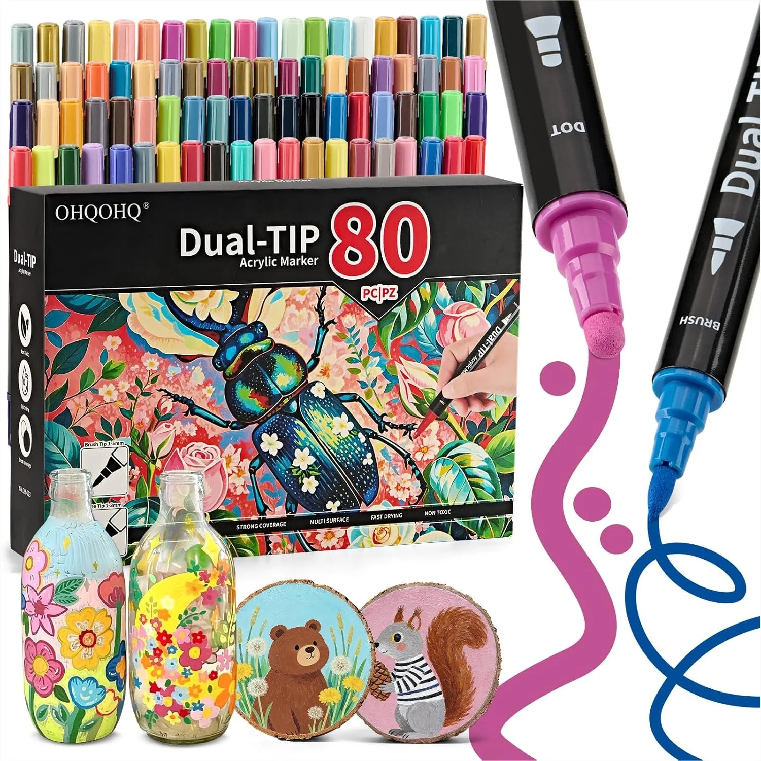 

80 Colors Acrylic Paint Markers, Dual Tip with Fine & Dot for Rock Painting, Canvas, Wood, Ceramic, Glass, Metal & Calligraphy