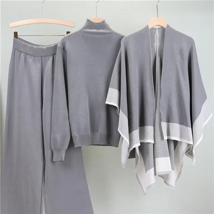 Ensemble 3 pièces tricoté de Style Vintage pour femmes, châle bloc de couleur + haut à manches longues et col mi-haut + pantalon à jambes larges