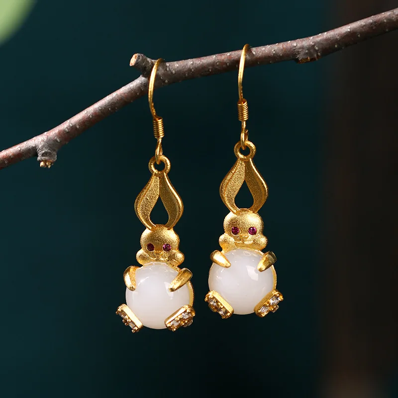 

White Real Jade Rabbit Earrings Energy Fashion Vintage Gemstone 18K Gold Plated Carved Gifts Natural Jewelry Gift Stone Charm