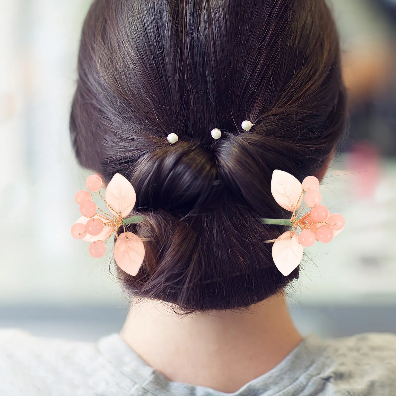 2Pcs Chinese Style U Shaped Hairpin Soft Pink Vintage Glass Decor Hanfu Hair Accessories Wedding Daily Wear Hairstyle
