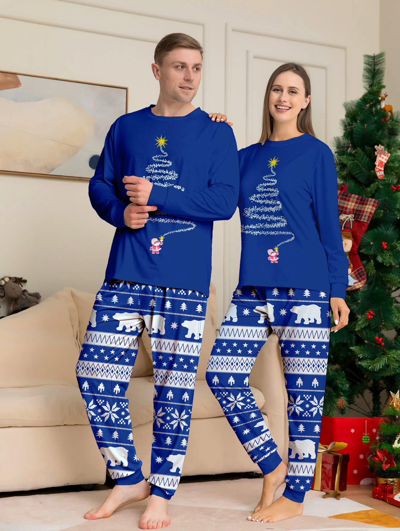 

Christmas Couple Sleepwear Set - Long Sleeve Blue Christmas Tree Print & Festive Pattern Pants Pajamas