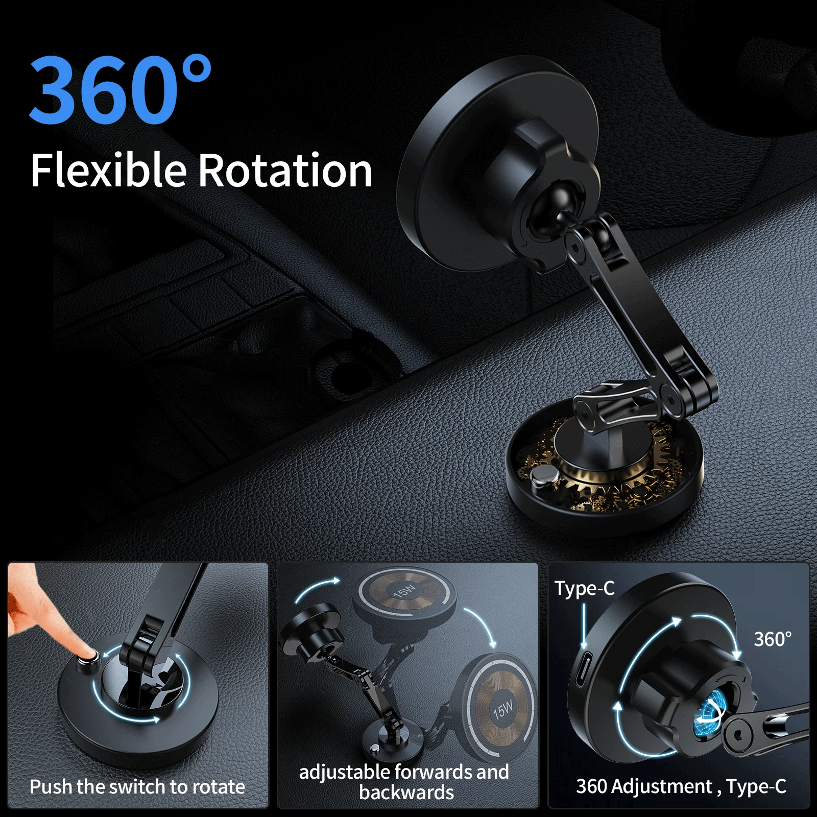 Магнитный автомобильный держатель для телефона 15 Вт, беспроводное зарядное устройство, вращение быстрой зарядки, магнитная подставка для автомобильного телефона для IPhone 16, 15, 14, 13, 12
