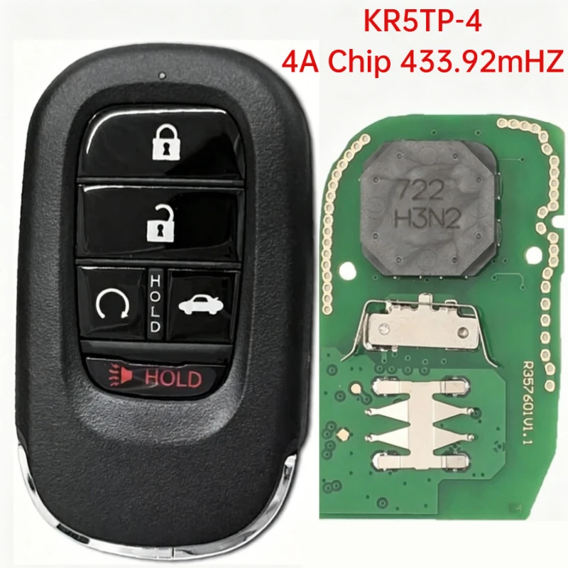 

4 Buttons 433MHz 4A Chip For Honda crv 2025Civic 2022-2025 Auto Smart Remote Control Key CC ID: KR5TP-4, P/N: 72147-T20-A01