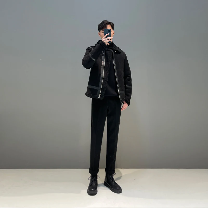 

Winter New Men's Cotton Jaet Thiened Lamb Fur Collar Flap Youth Faionable Winter Coat Plu Warm Zipper Closure C...