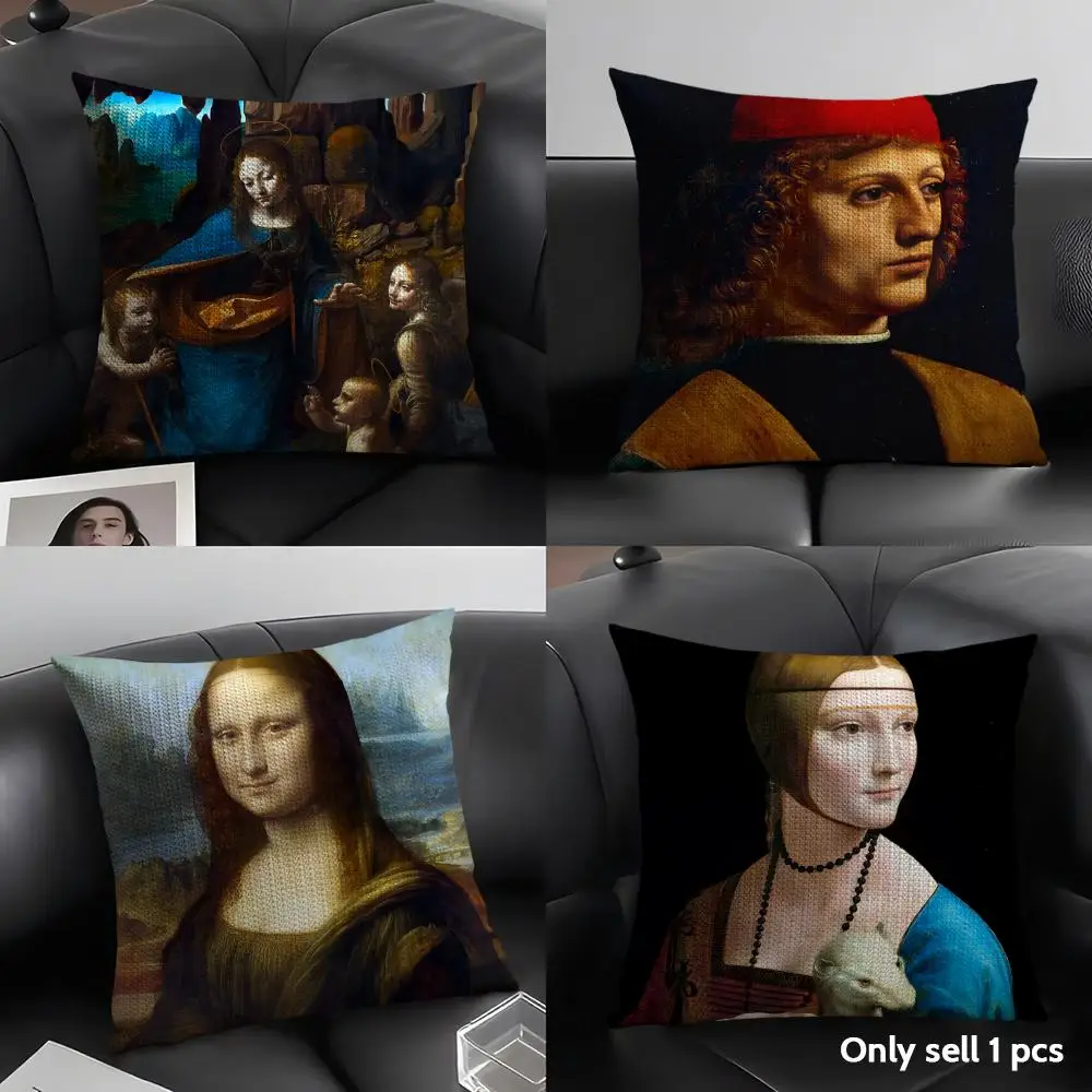 Da Vinci Artwork Mona Lisa Cushion Cover Natural Linen Organic Fabric Double-Sided Printing Breathable Perfect Gift for Decor