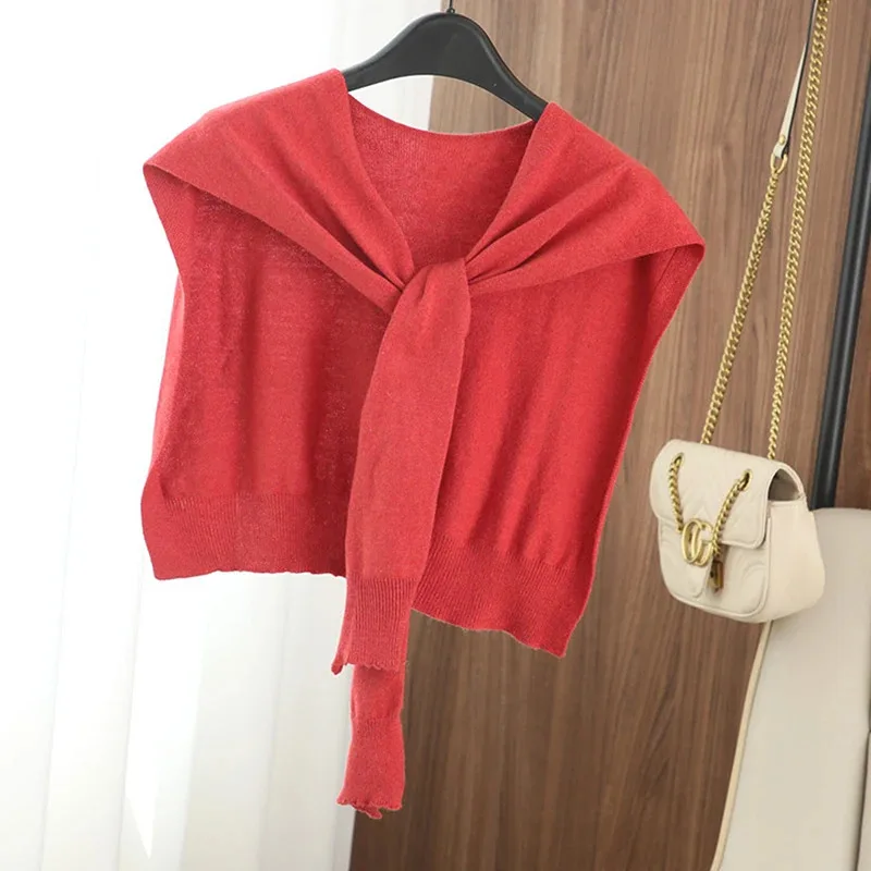 Korean Striped Knitted Warm Shawl Winter Female Blouse Shoulders Fake Collar Cape Knotted Scarf Stripe Outerwear image 6