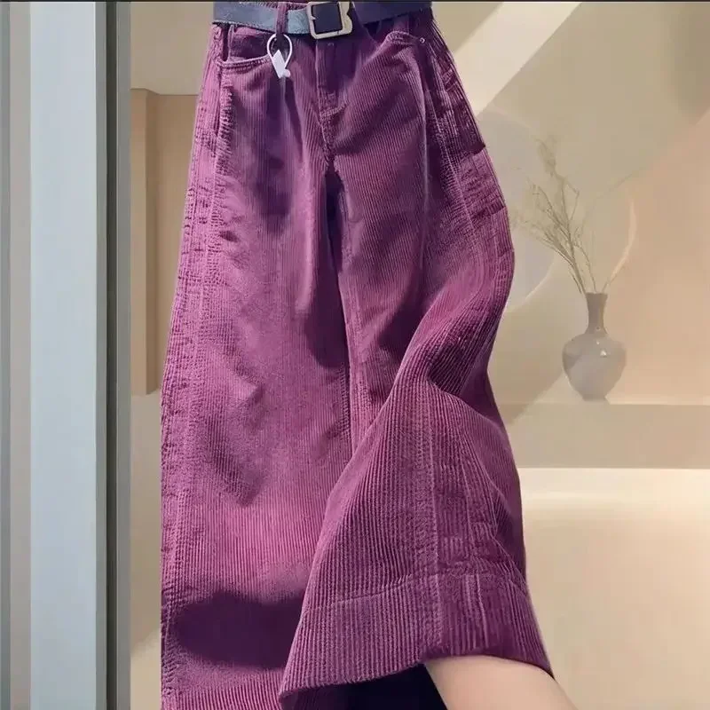 Purple Wide Leg Womens Pants Fashion New Loose Fit Corduroy Trousers Spring Autumn High Waist Casual Woman Clothing