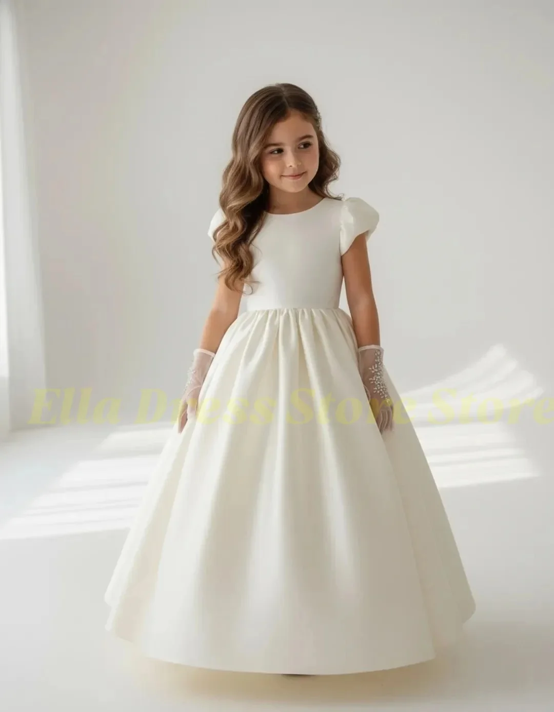 Großhandel Maßgeschneidertes Satin-Kommunionkleid für Mädchen, Kurzarm-Blumenmädchenkleider für Hochzeiten, Bodenlange Prinzessinnen-Formelle Gala-Kleider – Detail 5