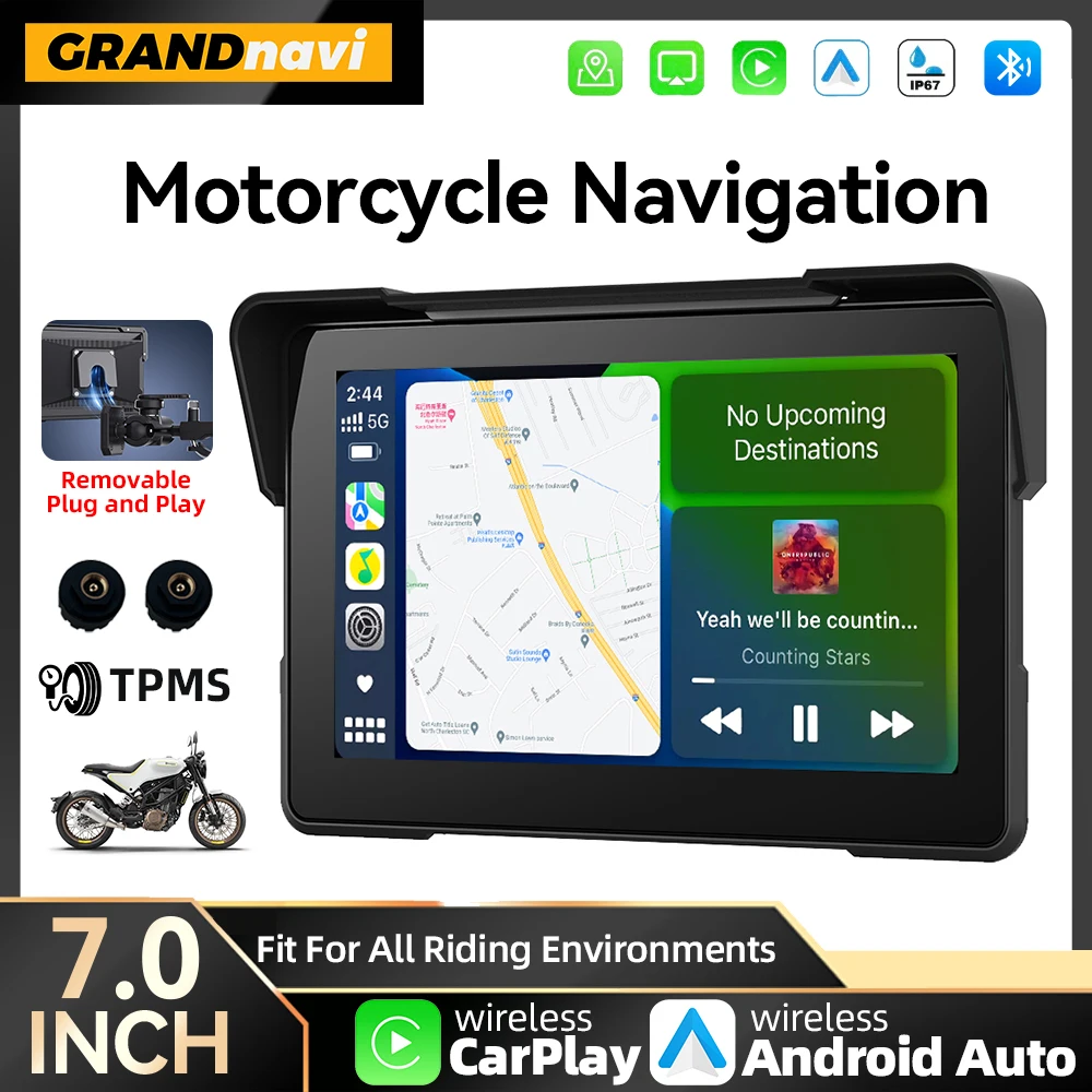 

7inch Wireless CarPlay Moto Portable Motorcycle Dashboard IP67 GPS Navigation Display Detachable Bracket Android Auto Monitor