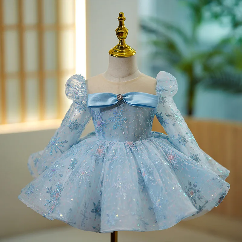 Customized Sequined Long Sleeve O-neck Wedding Flower Girls Dresses Ball Gown Princess Dress Simple Elegant Kids Birthday Party