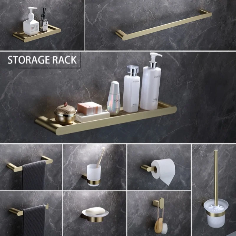 Brushed Gold Bathroom Hardware Set Towel Rail Bath Robe Hook Bar Rack Shelf Tissue Paper Holder Bathroom Accessories