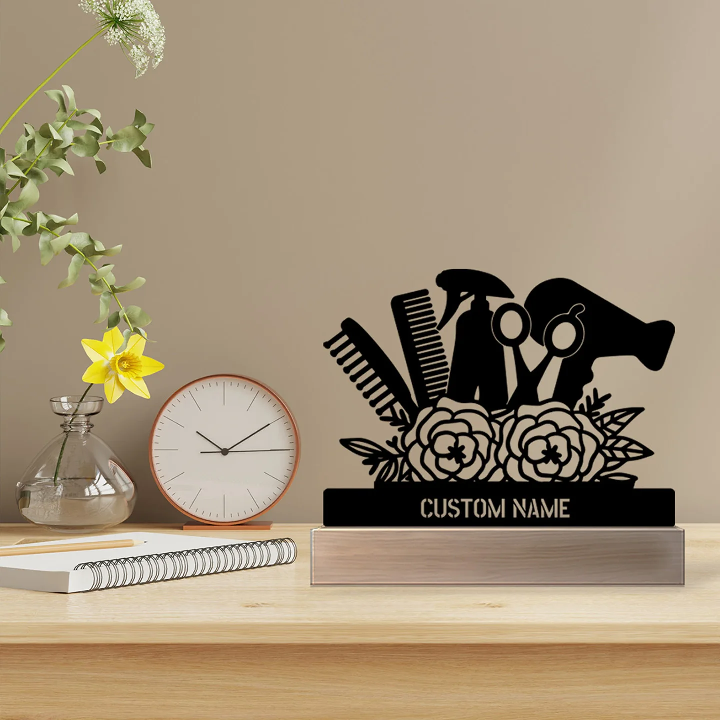 

1 pc hot sale Hair dryer in flower Custom Text Metal Ornament Iron Sculpture Art Figurine With Wood Base Home Table